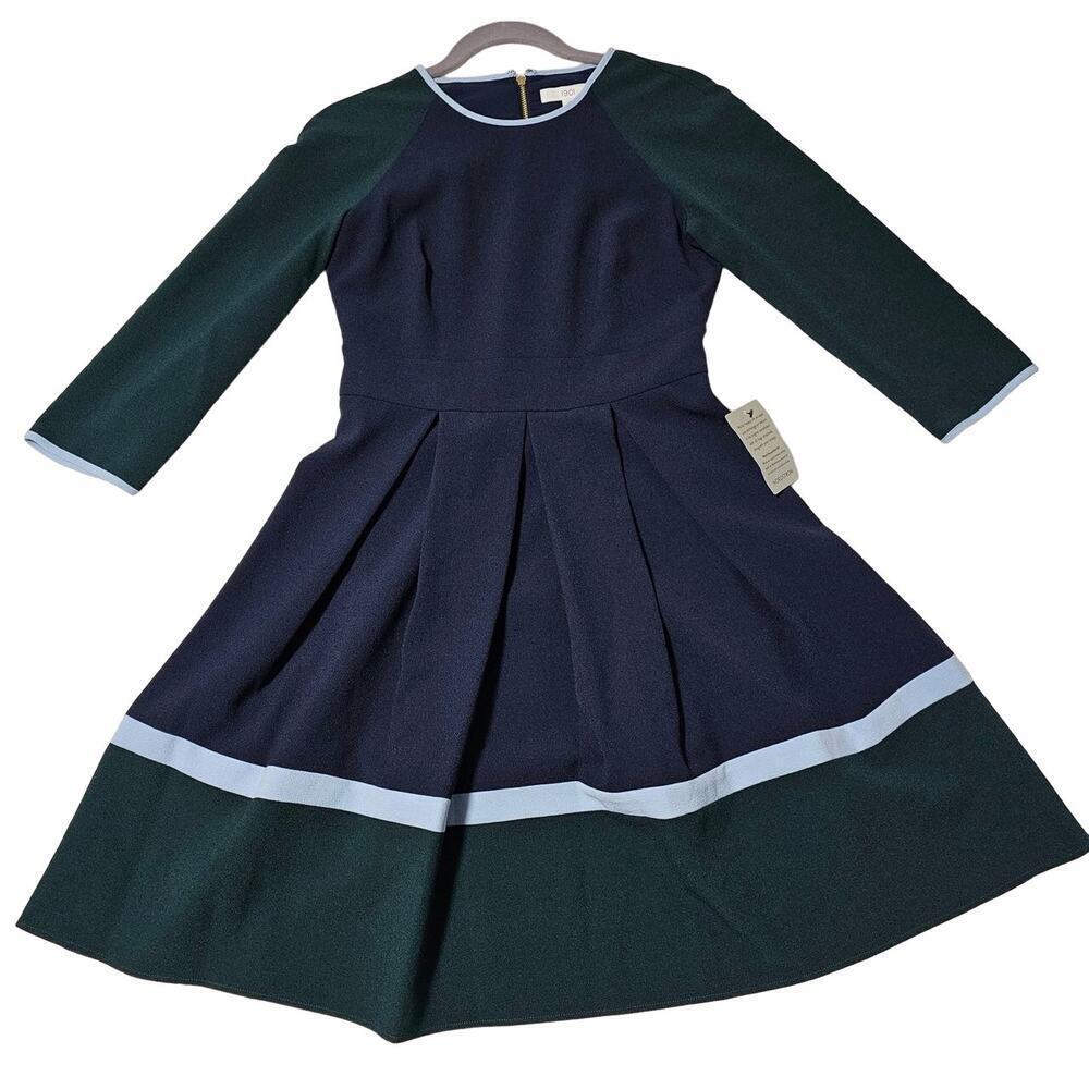 1901 NWT‎ Sz4 Navy Blue Green block pleated fit n flare dress. Formal. Proper